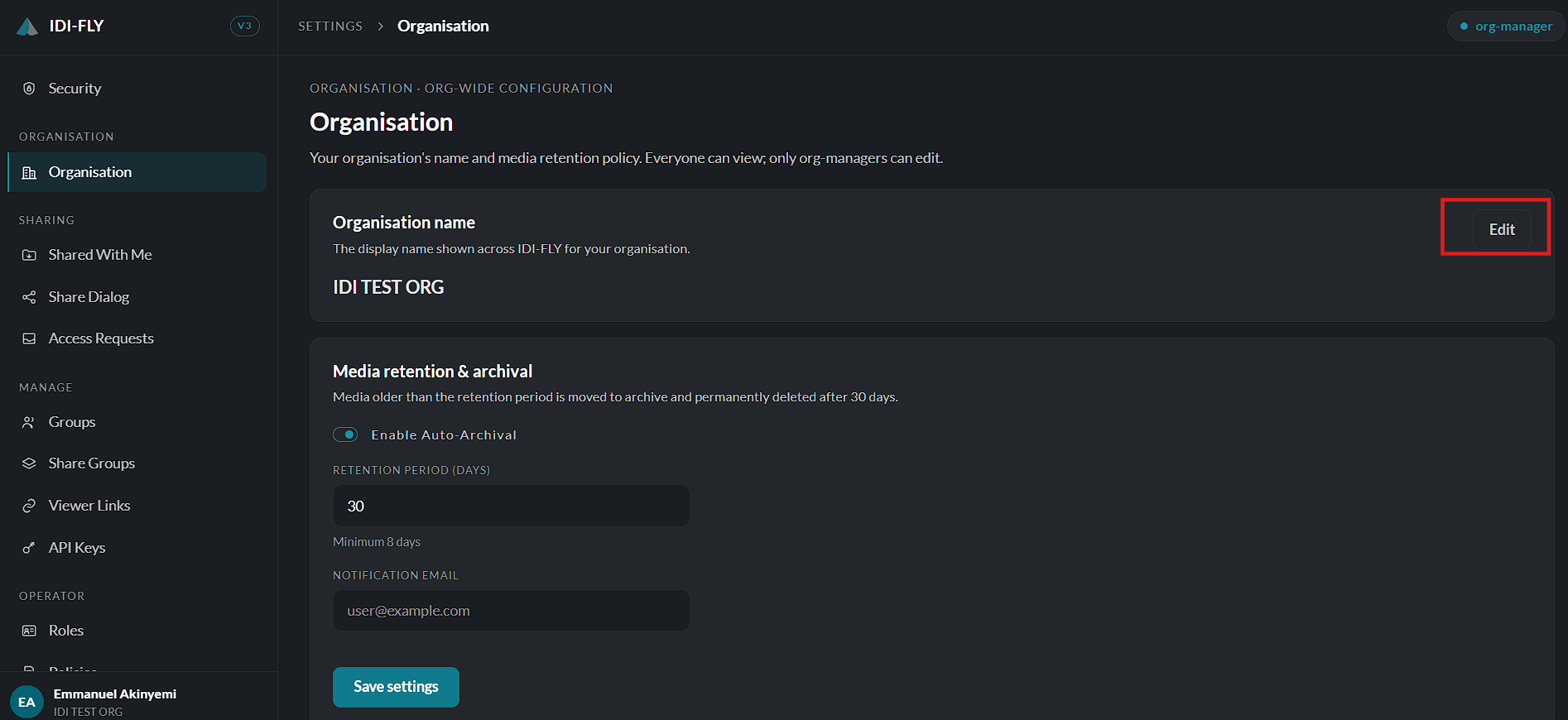Select edit organisation